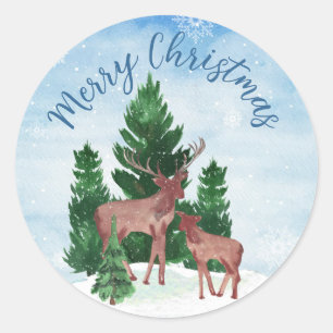 Pegatina Redonda Navidades de venado acuarela