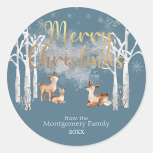 Pegatina Redonda Navidades de venado y oro de Woodland en azul