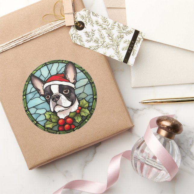Pegatina Redonda Navidades de vidrio manchado de Boston Terrier (Regalar)