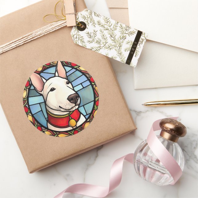 Pegatina Redonda Navidades de vidrio manchado de Bull Terrier (Regalar)