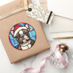 Pegatina Redonda Navidades de vidrio templado de Bulldog francés