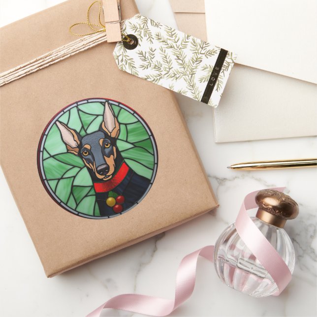 Pegatina Redonda Navidades de vidrio templado Doberman Pinscher (Regalar)