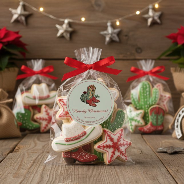Pegatina Redonda Navidades de Western Howdy Boots (Cute Howdy Christmas Round Southwest Holiday Sticker. Rustic Western Boots, Cactus & Red Holly Berry)