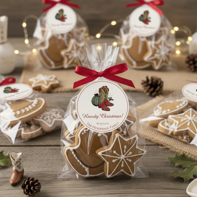 Pegatina Redonda Navidades de Western Howdy Boots (Cute Howdy Christmas Round Southwest Holiday Sticker. Rustic Western Boots, Cactus & Red Holly Berry)