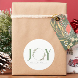 Pegatina Redonda Navidades de Wreath Joy de color verde minimalista