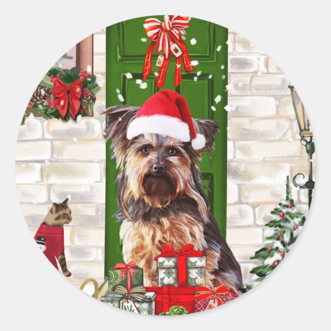 Pegatina Redonda Navidades de Yorkie Dog (Anverso)