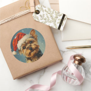 Pegatina Redonda Navidades de Yorkshire Terrier