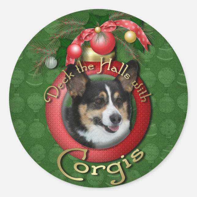 Pegatina Redonda Navidades - Deck the Halls - Corgis (Anverso)