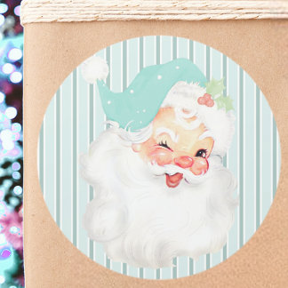 Pegatina Redonda Navidades del Aqua Blue Vintage Winking Santa Clau