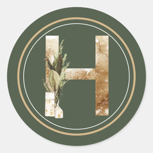 Pegatina Redonda Navidades del Boho Monograma H con Verdes (Anverso)