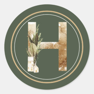 Pegatina Redonda Navidades del Boho Monograma H con Verdes