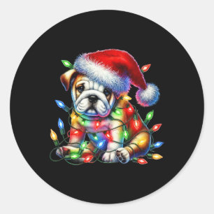 Pegatina Redonda Navidades del bulldog alumbran a Santa Hat Dog Lov