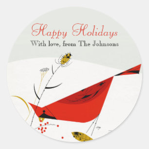Pegatina Redonda Navidades del Cardenal Charley Harper en invierno