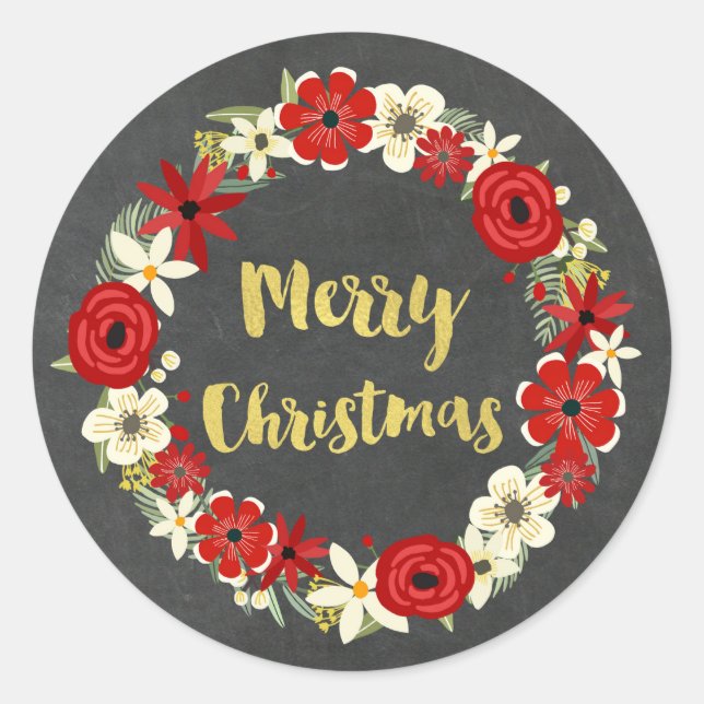 Pegatina Redonda Navidades del Chalkboard Red Floral Wreath Gold (Anverso)