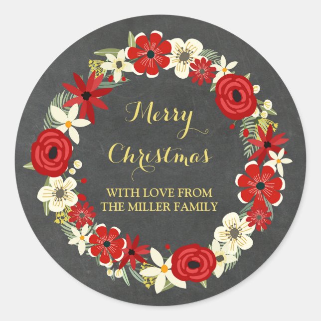 Pegatina Redonda Navidades del Chalkboard Red Floral Wreath Gold (Anverso)