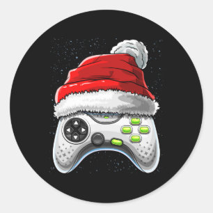 Pegatina Redonda Navidades del controlador de juegos Santa Hat Game