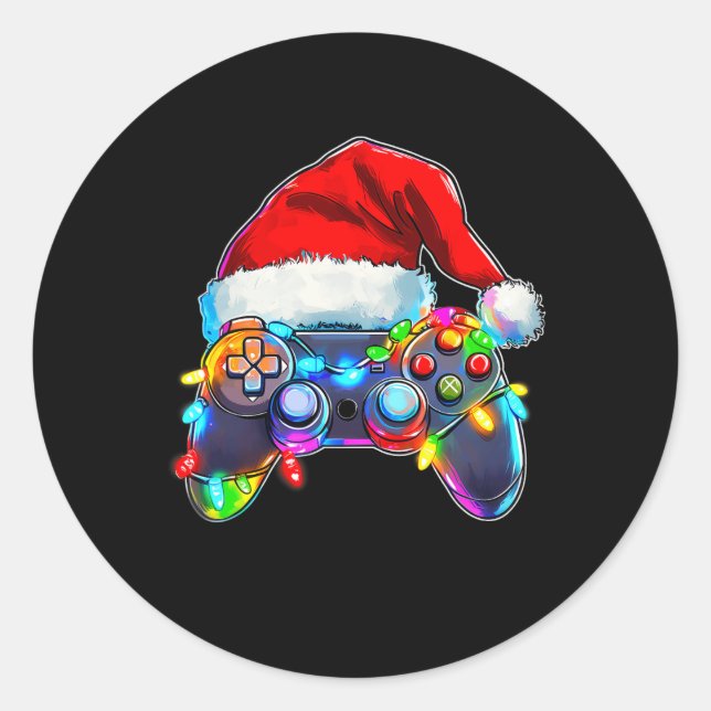 Pegatina Redonda Navidades del controlador de videojuegos Santa Hat (Anverso)