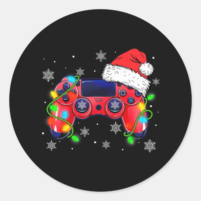 Pegatina Redonda navidades del controlador de videojuegos santa hat (Anverso)