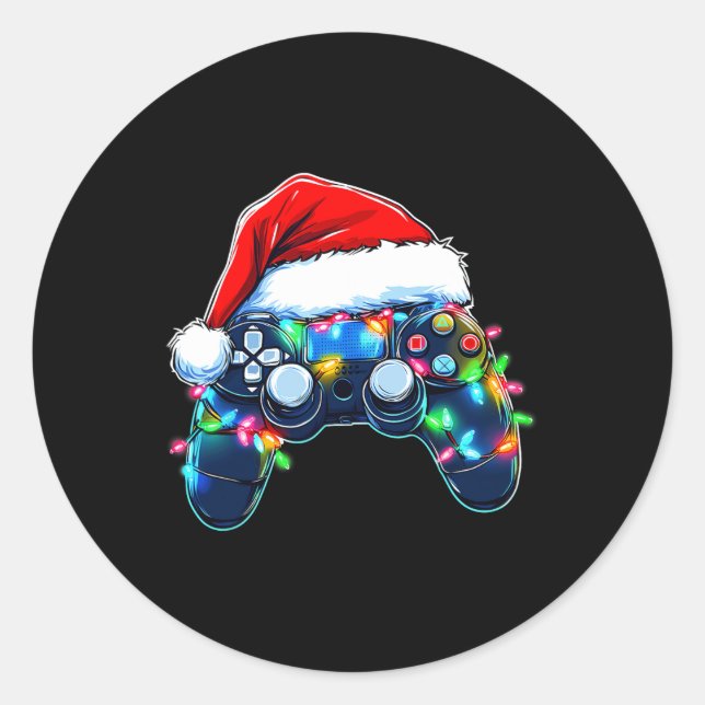 Pegatina Redonda Navidades del controlador de videojuegos Santa Hat (Anverso)