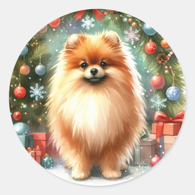 Pegatina Redonda Navidades del festival cute pomeranian Watercolor (Anverso)