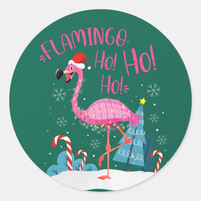 Pegatina Redonda Navidades del Flamingo Ho-Ho-Ho (Anverso)