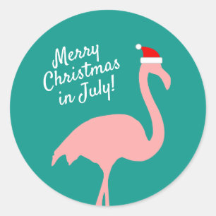 Pegatina Redonda Navidades del flamingo rosa de julio Santa Claus
