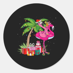 Pegatina Redonda Navidades Del Flamingo Rosado Tropical En Julio En