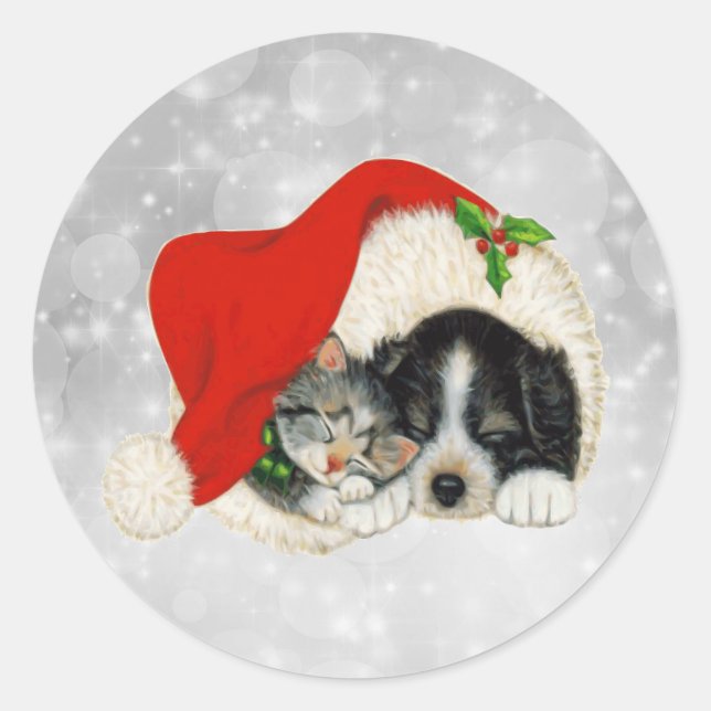 Pegatina Redonda Navidades del gato Santa Cap Cute Dog (Anverso)