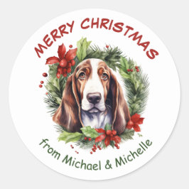 Pegatina Redonda Navidades del Hound Basset Poinsettia Wreath