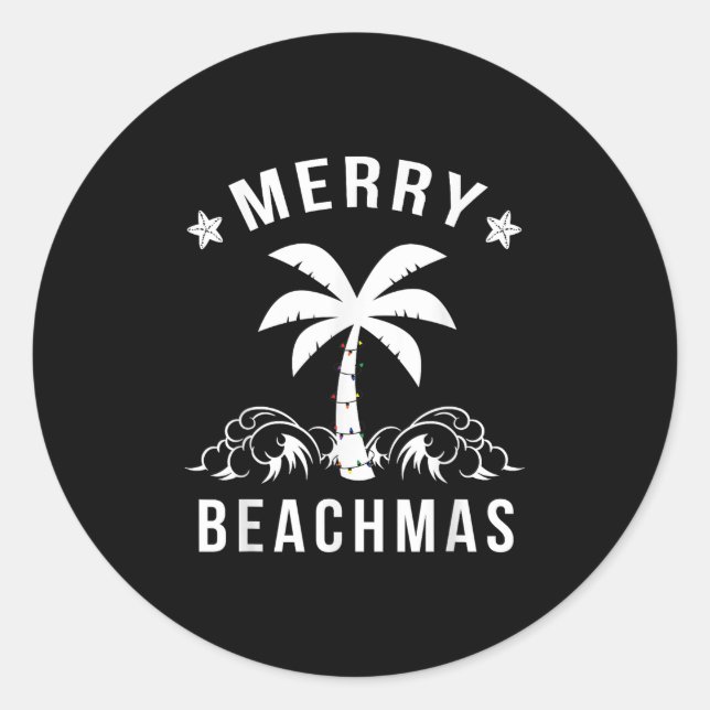 Pegatina Redonda Navidades del Merry Beachmas Palm Tree Beach (Anverso)