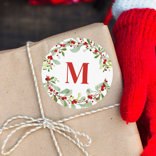 Pegatina Redonda Navidades del Monograma Rojo Moderno Wreath Berrie