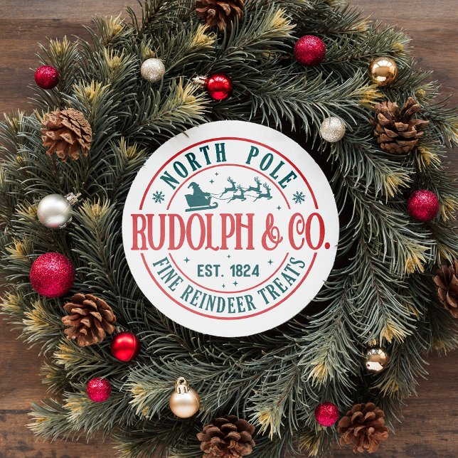 PEGATINA REDONDA NAVIDADES DEL NORTE DE POLE RUDOLPH SANTA SLEIGH (VINTAGE INSPIRED NORT POLE RUDOLPH FINE REINDEER TREATS CHRISTMAS SANTA SLEIGH. Changeable colors)