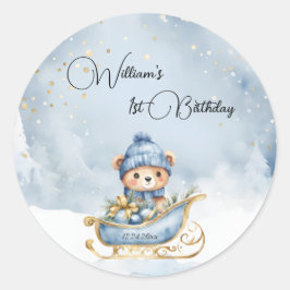 Pegatina Redonda Navidades del oso primer invierno de cumpleaños