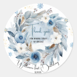 Pegatina Redonda Navidades del oso primer invierno de cumpleaños