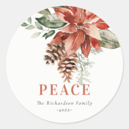 Pegatina Redonda Navidades del Peace Poinsettia Bunch Watercolor Pi