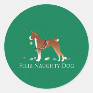 Pegatina Redonda Navidades del perro Basenji Feliz Naughty