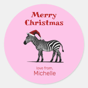 Pegatina Redonda Navidades del Safari Animal Zebra Santa Hat