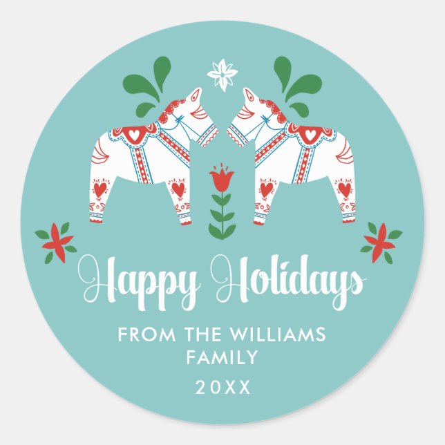 Pegatina Redonda Navidades del Sueco Dala Horse Folk Felices Fiesta (Anverso)