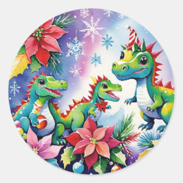 Pegatina Redonda Navidades del trío de dinosaurios T-Rex