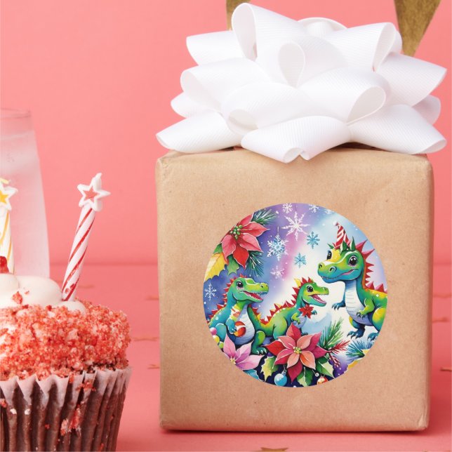 Pegatina Redonda Navidades del trío de dinosaurios T-Rex (Fiesta)