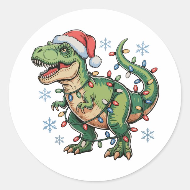 Pegatina Redonda Navidades Dinosaur T Rex Merry Xmas Luces Santa (Anverso)