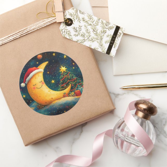 Pegatina Redonda Navidades divertidos celebran la galaxia lunar (Regalar)