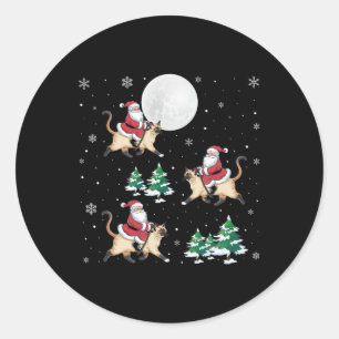 Pegatina Redonda Navidades divertidos del gato siamés en bicicleta