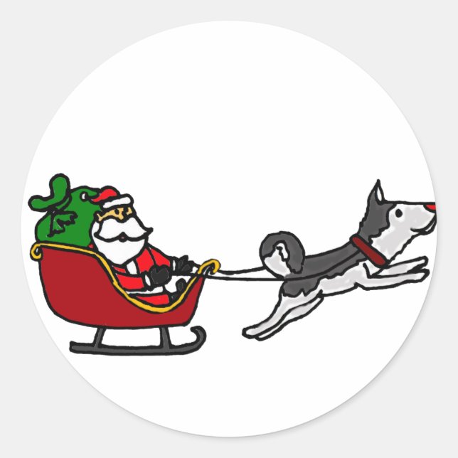 Pegatina Redonda Navidades divertidos disfrutando con el perro Husk (Anverso)