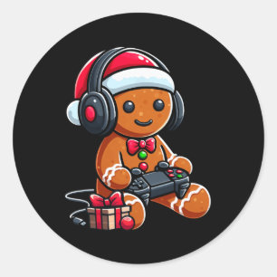 Pegatina Redonda Navidades divertidos Gamer Gingerbread Xmas Gaming