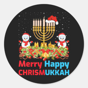 Pegatina Redonda Navidades divertidos Hanukkah Santa Hat Menorah