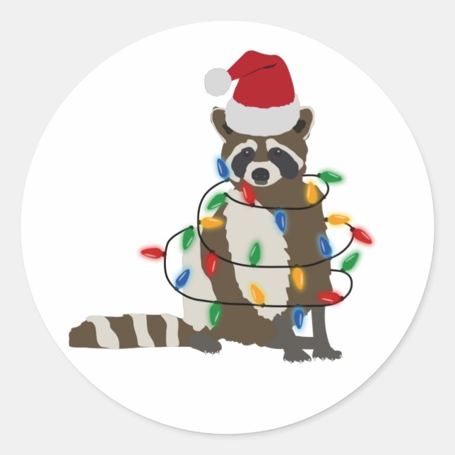 Pegatina Redonda Navidades divertidos Raccoon Santa Hat Xmas Luces (Anverso)