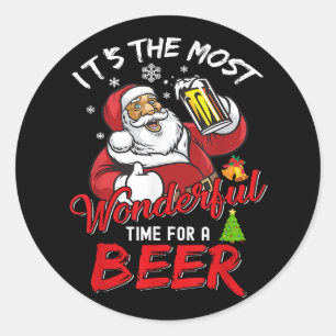 Pegatina Redonda Navidades divertidos Santa Claus Beer Beer Wonderf