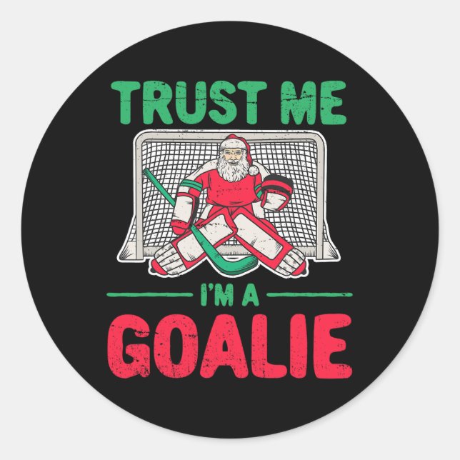 Pegatina Redonda Navidades divertidos Santa Ice Hockey Goaltender G (Anverso)
