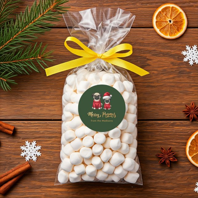 Pegatina Redonda Navidades divertidos y personalizados festejan Fel (Personalized Cute Funny Christmas Holiday Merry Pugmas Packaging Idea Green Sticker)